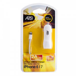 מטען מהיר USB כפול לרכב 2A  לאייפון  6 , 7 , 8  IPHONE מבית ATS