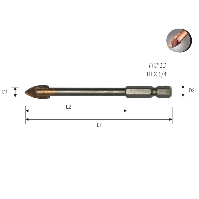 מקדח אימפקט 1/4 אינץ' לזכוכית מארז 2+1 ביטק במידות שונות